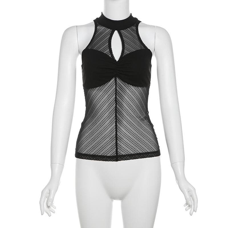 High neck ruched hollow out mesh zip-up tank cut out top  | Festival Outfits Women