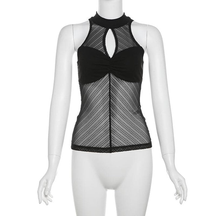 High neck ruched hollow out mesh zip-up tank cut out top  | Festival Outfits Women