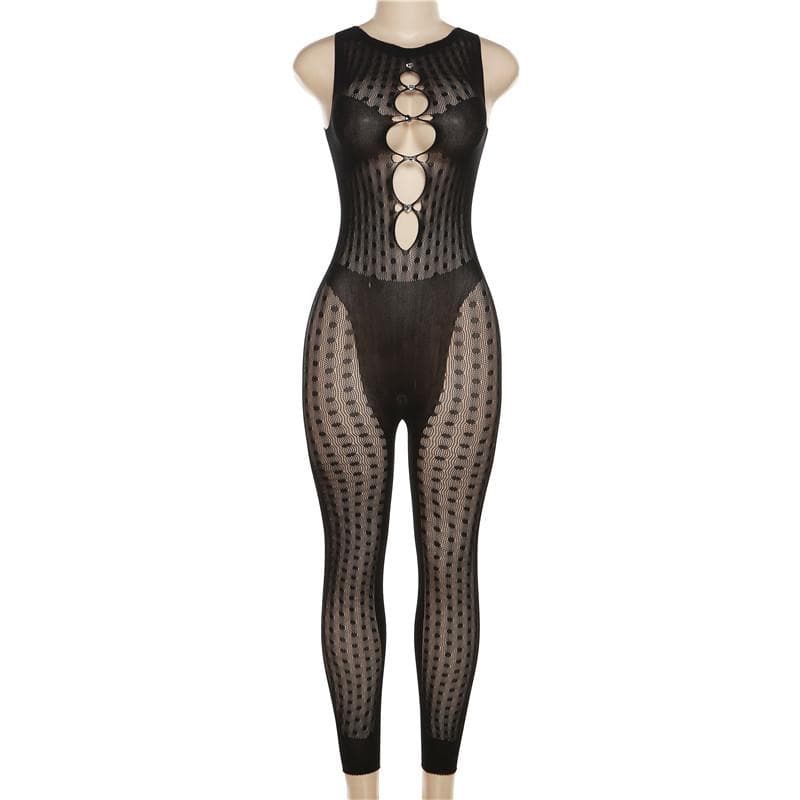 Fishnet button sleeveless solid hollow out jumpsuit-final-sale