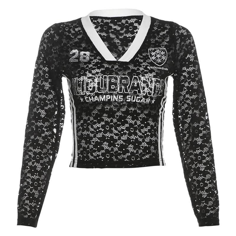 V neck long sleeve lace letter print see through top  | Festival Outfits Women