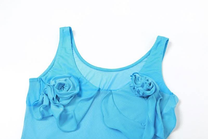 Flower applique v neck mesh patchwork ruched sleeveless mini dress-final-sale  | Festival Outfits Women