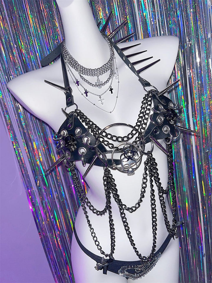 Halter o ring PU leather rivet metal chain top  | Festival Outfits Women