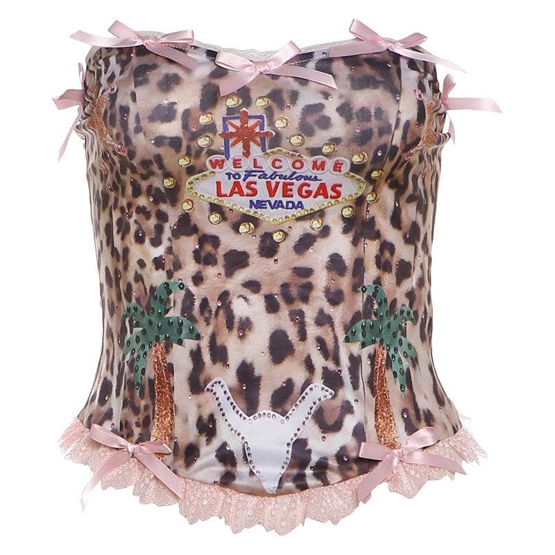 Bowknot leopard print lace hem backless tube top  | Festival Outfits Women  | Cheetah Print Top