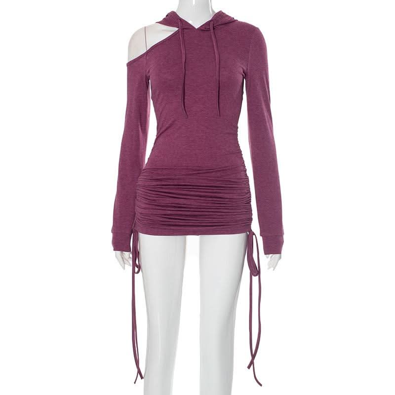 Hoodie long sleeve drawstring off shoulder mini dress  | Festival Outfits Women