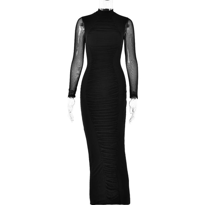 Long sleeve ruched mesh patchwork maxi dress  | Festival Outfits Women