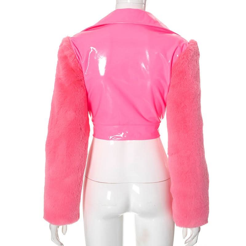 Zip-up long sleeve fluffy turnover collar crop top  | Festival Outfits Women