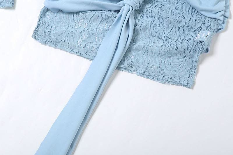 Long sleeve lace patchwork ruched mini dress  | Festival Outfits Women-final-sale