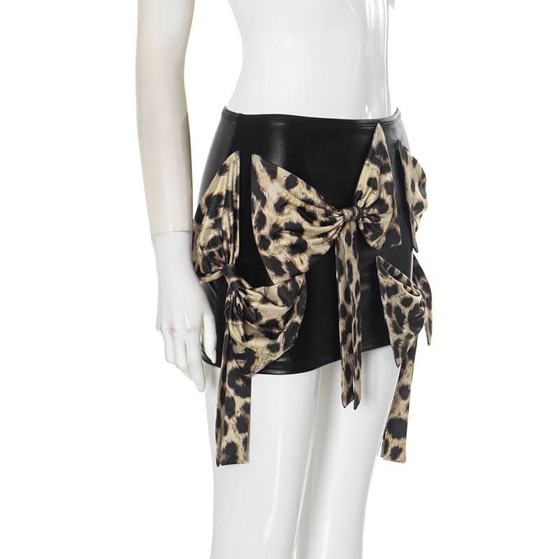 Leopard print bowknot PU leather contrast mini skirt Cargo Mini Skirt  | Festival Outfits Women  | Leopard Print Mini Dress