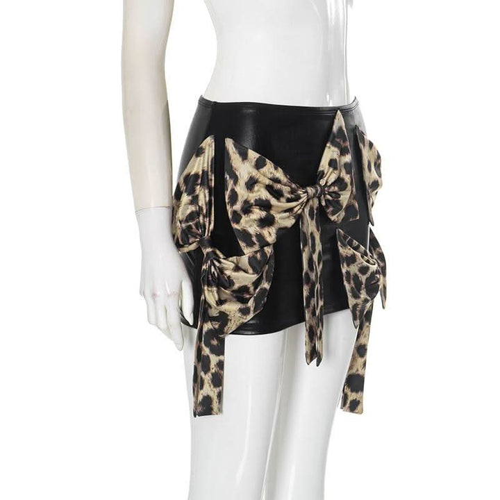 Leopard print bowknot PU leather contrast mini skirt Cargo Mini Skirt  | Festival Outfits Women  | Leopard Print Mini Dress