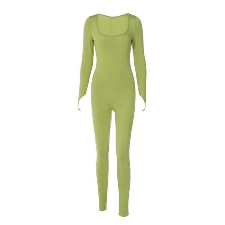 Long sleeve solid u neck slit jumpsuit- Final Sale-final-sale  | Festival Outfits Women