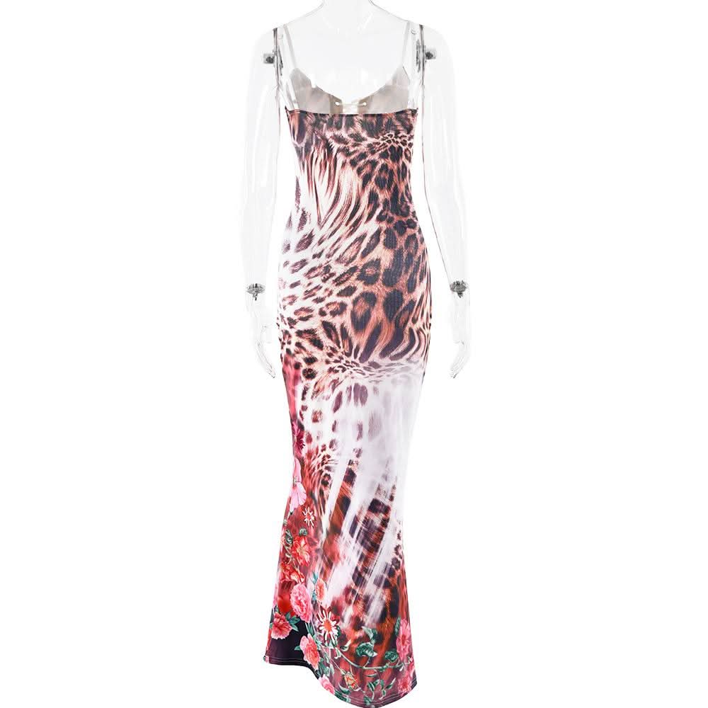 V neck self tie leopard print backless cami maxi dress  | Festival Outfits Women
