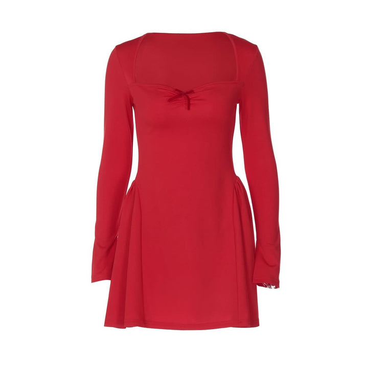 Long sleeve bowknot solid ruched mini dress  | Festival Outfits Women