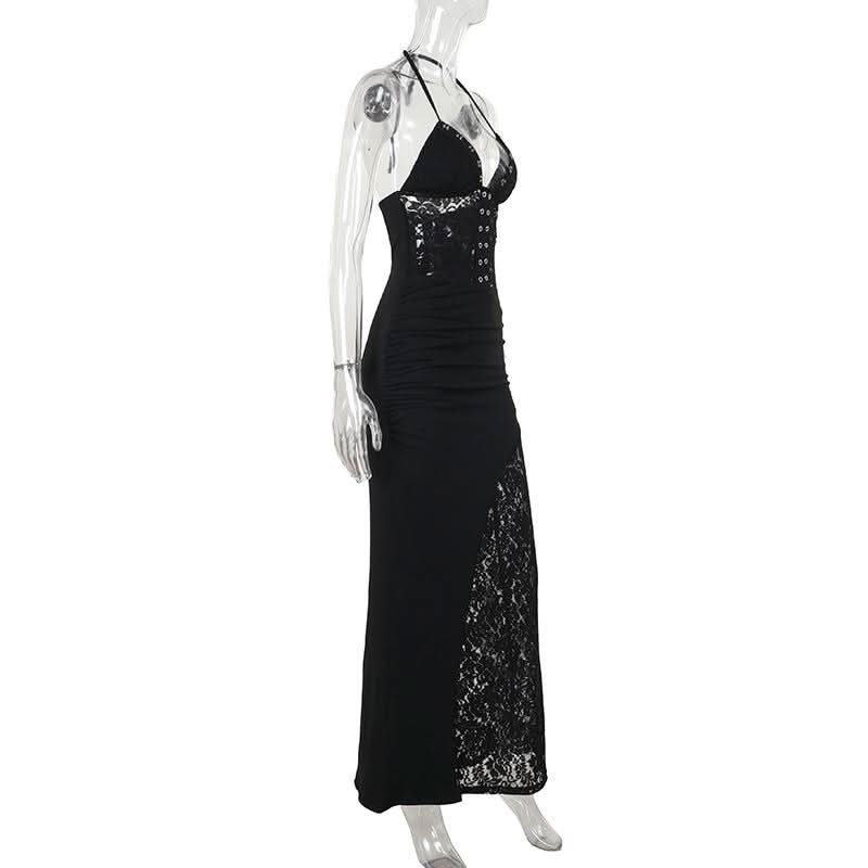 Lace v neck halter self tie ruched maxi dress  | Festival Outfits Women