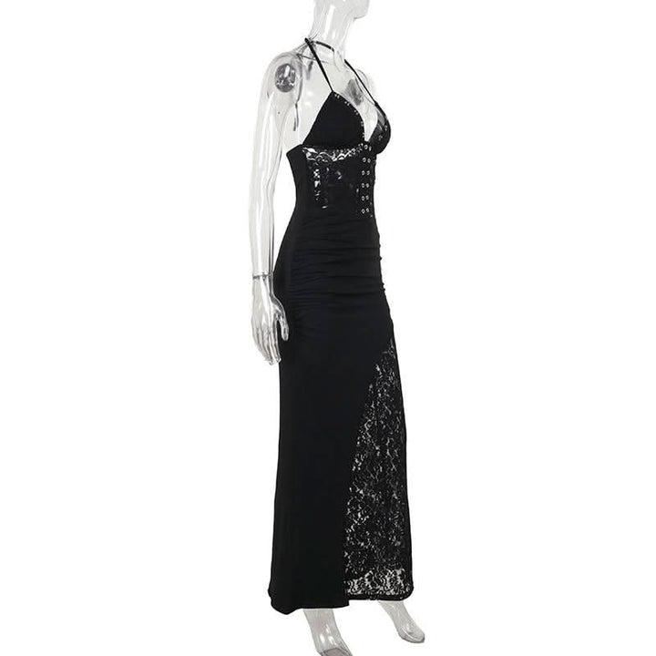 Lace v neck halter self tie ruched maxi dress  | Festival Outfits Women