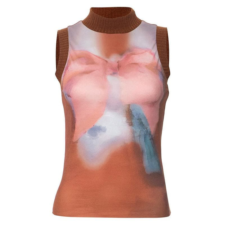 High neck sleeveless knitted patchwork print top  | Festival Outfits Women