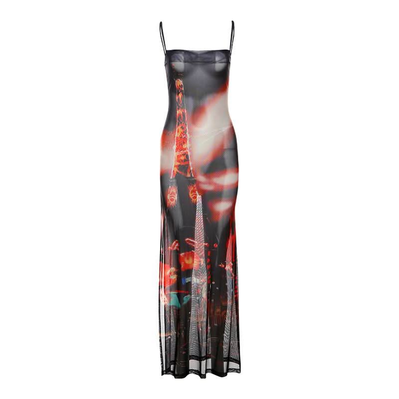Abstract mesh high slit cami maxi dress  | Festival Outfits Women