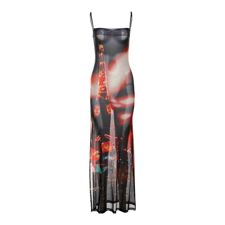 Abstract mesh high slit cami maxi dress  | Festival Outfits Women