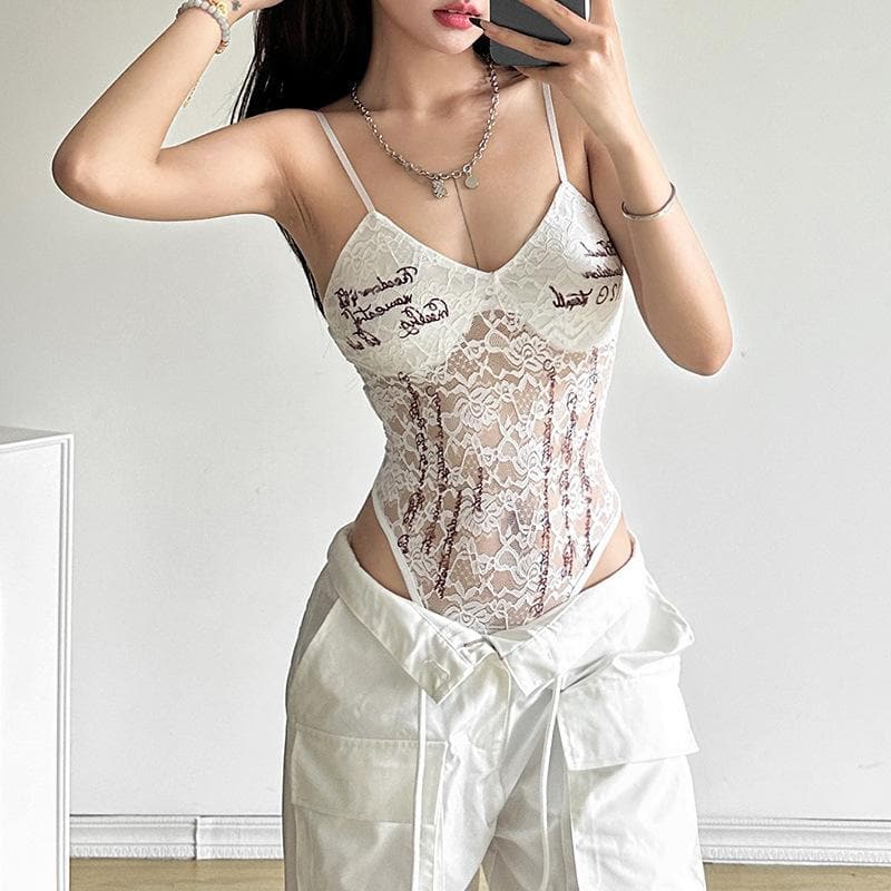 Lace v neck letter print button cami bodysuit  | Festival Outfits Women