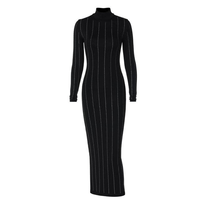 Long sleeve high neck beaded solid midi dress-final-sale  | Festival Outfits Women