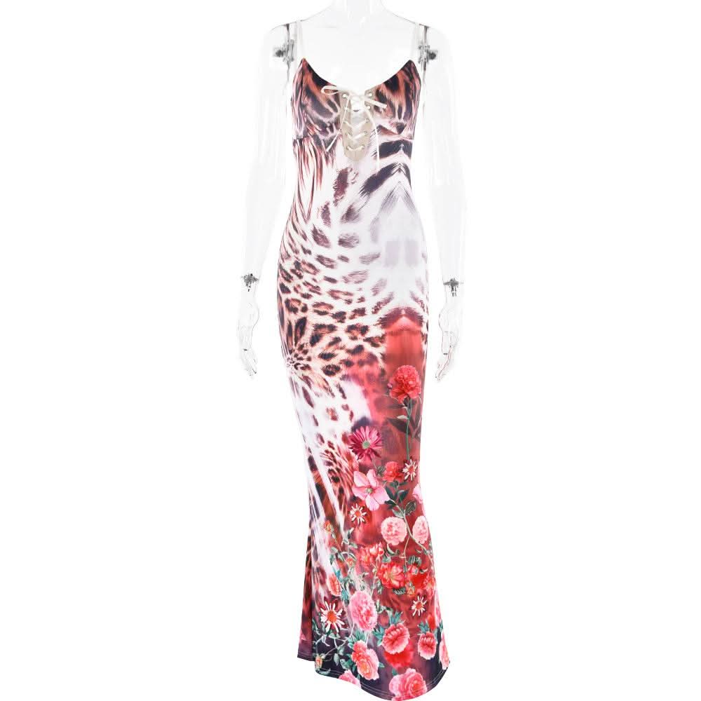V neck self tie leopard print backless cami maxi dress  | Festival Outfits Women