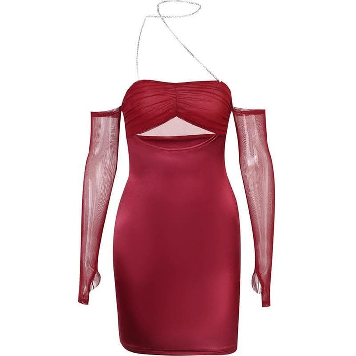 Mesh gloves solid halter ruched hollow out off shoulder cut out mini dress-final-sale  | Festival Outfits Women