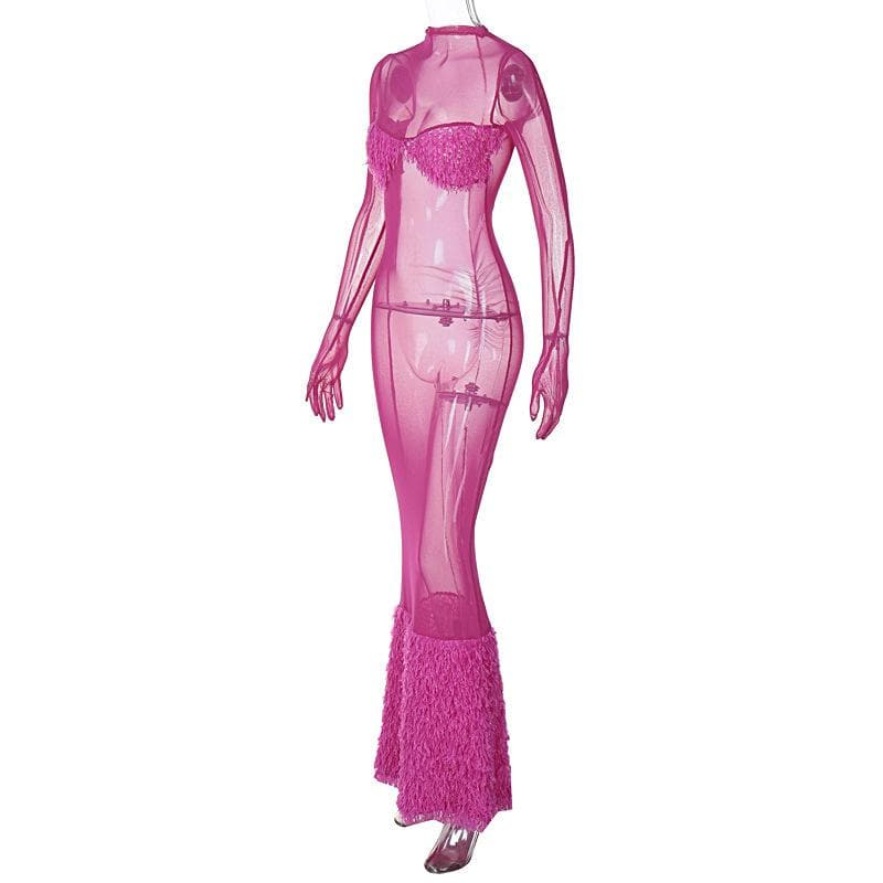 Long sleeve gloves high neck feather mesh see through maxi dress  | Festival Outfits Women