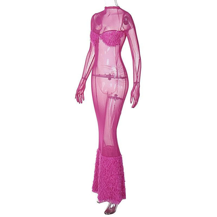 Long sleeve gloves high neck feather mesh see through maxi dress  | Festival Outfits Women