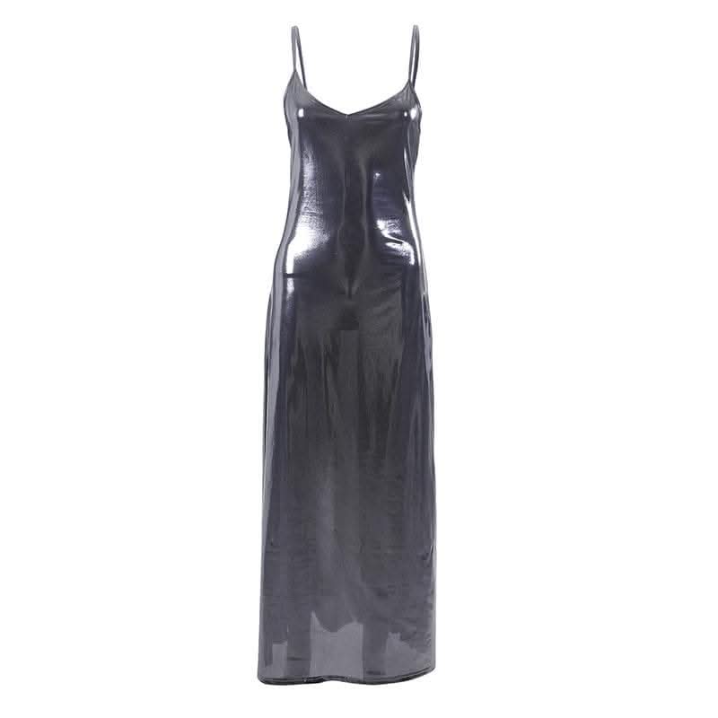 Metallic v neck backless solid low cut cami maxi dress-final-sale  | Festival Outfits Women