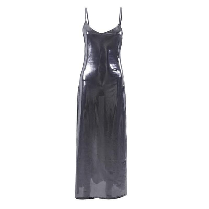 Metallic v neck backless solid low cut cami maxi dress-final-sale  | Festival Outfits Women