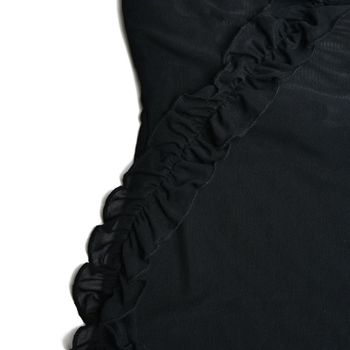Sheer mesh see through ruffle solid cross back irregular mini dress-final-sale  | Festival Outfits Women