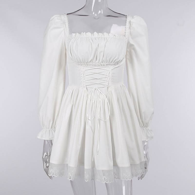 Long sleeve smocked lace up lace hem mini dress  | Festival Outfits Women