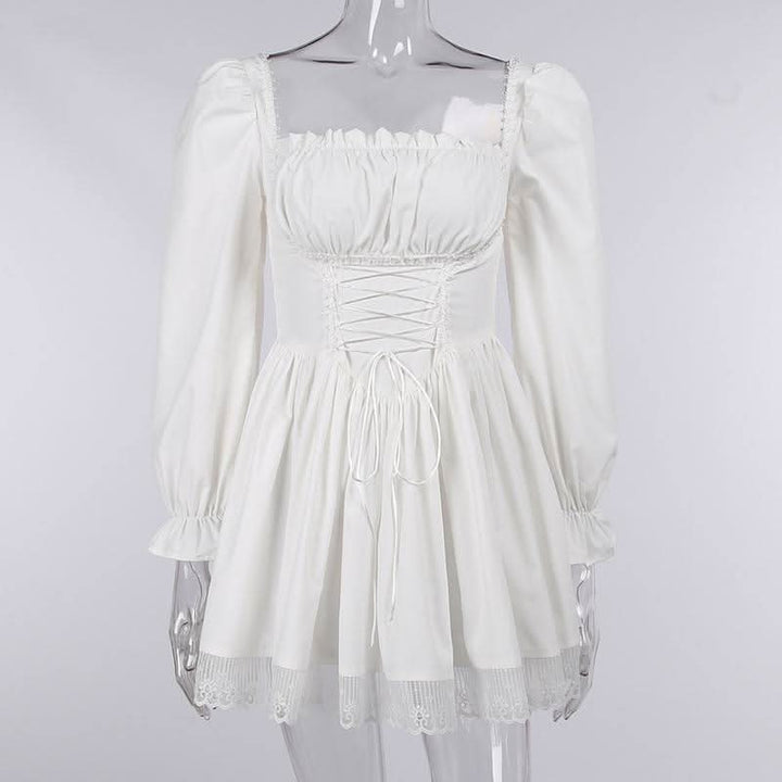 Long sleeve smocked lace up lace hem mini dress  | Festival Outfits Women