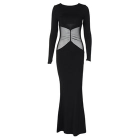 Long sleeve crewneck mesh patchwork maxi dress  | Festival Outfits Women