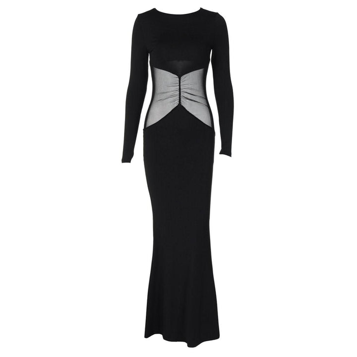 Long sleeve crewneck mesh patchwork maxi dress  | Festival Outfits Women-final-sale