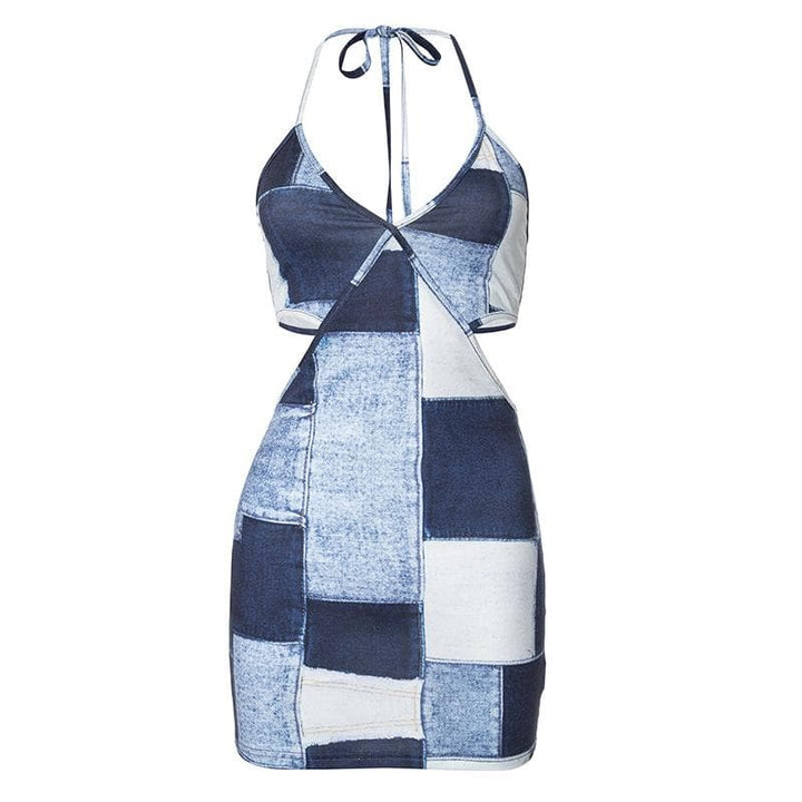 Riga mai kama da na Halter patchwork denim hollow out cut out mini dress | Kayan Biki na Mata
