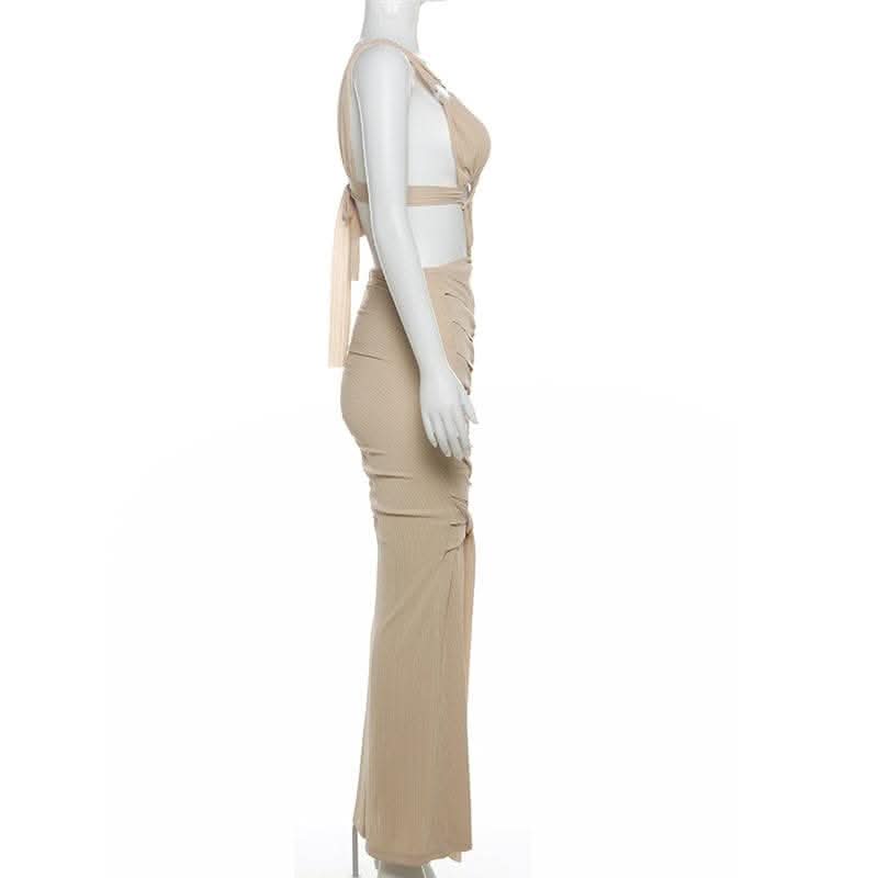 O ring textured hollow out self tie ruched tank cut out maxi dress-final-sale  | Festival Outfits Women