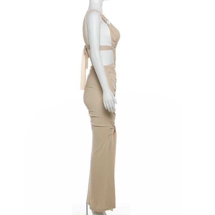 O ring textured hollow out self tie ruched tank cut out maxi dress-final-sale  | Festival Outfits Women