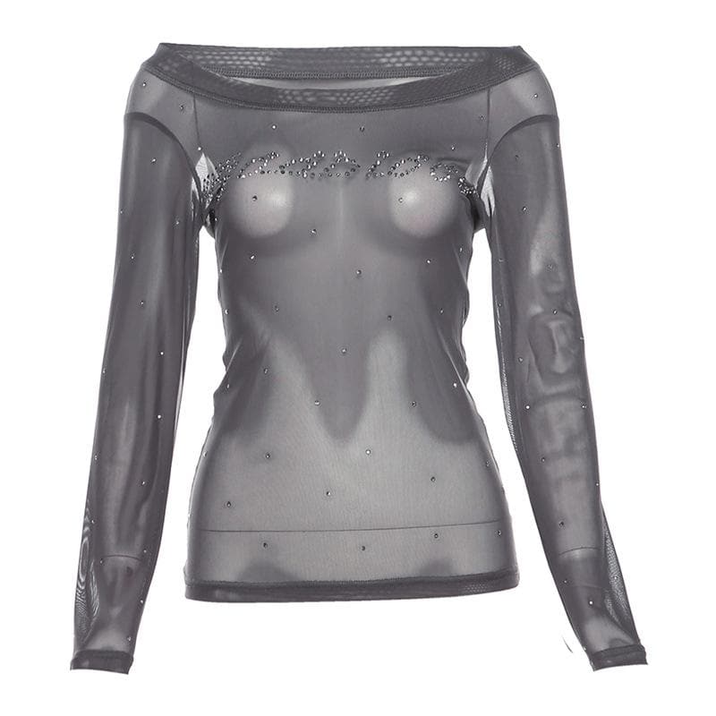 Off shoulder long sleeve beaded sheer mesh solid top  | Festival Outfits Women