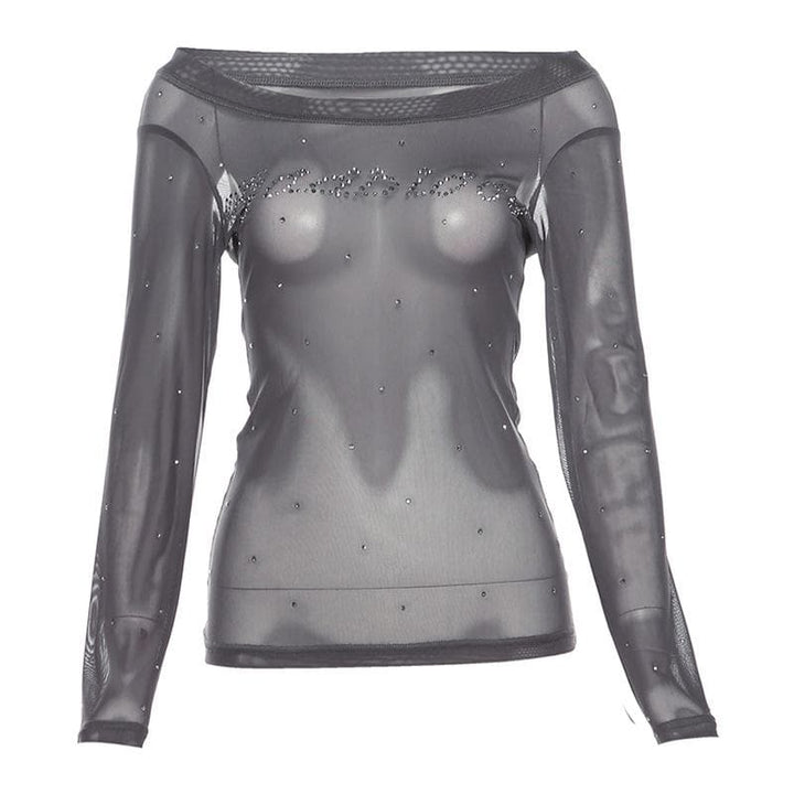 Off shoulder long sleeve beaded sheer mesh solid top  | Festival Outfits Women