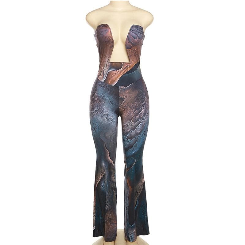 Print abstract notch neck tube jumpsuit  | Festival Outfits Women