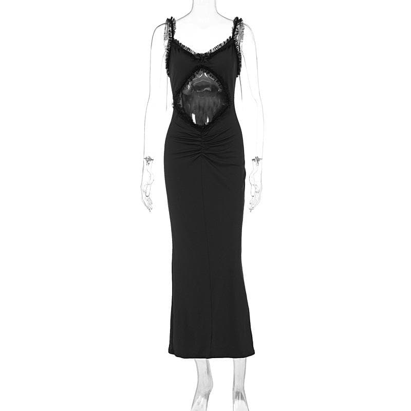 Ruffle hollow out ruched bowknot cami cut out midi dress  | Festival Outfits Women