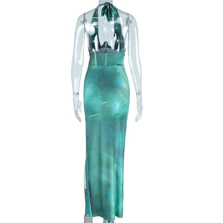 Halter corset deep v neck drawstring ruched slit maxi dress  | Festival Outfits Women