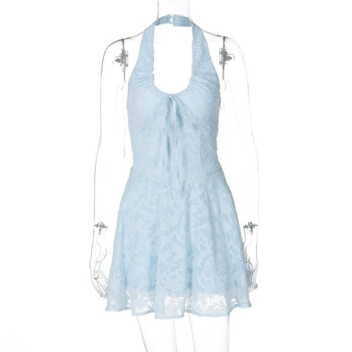 Halter textured knotted ruched button mini dress  | Festival Outfits Women
