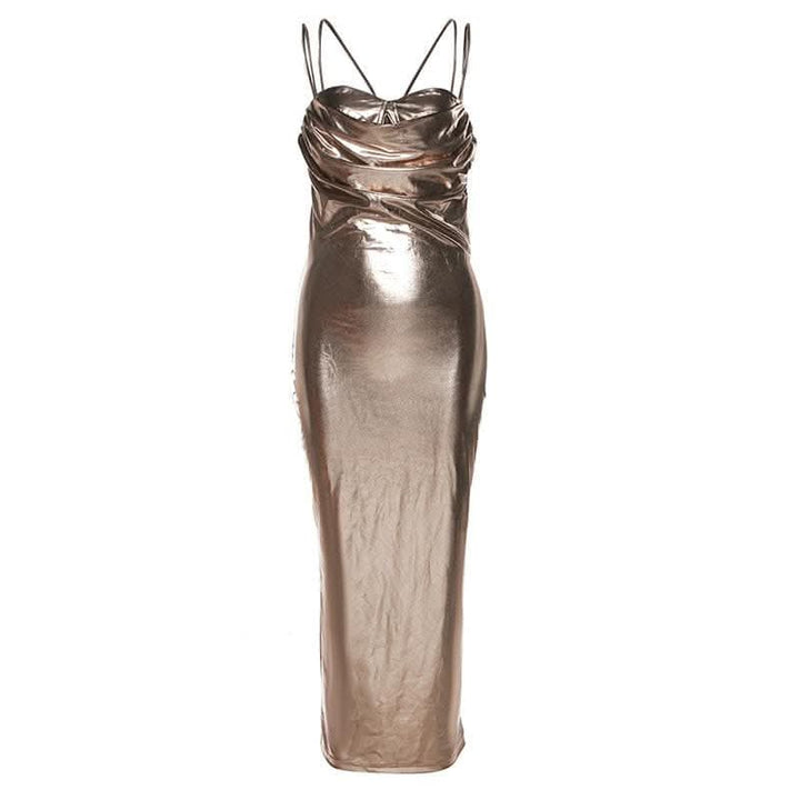 Metallic ruched backless patchwork solid midi dress- Final Sale  | Festival Outfits Women