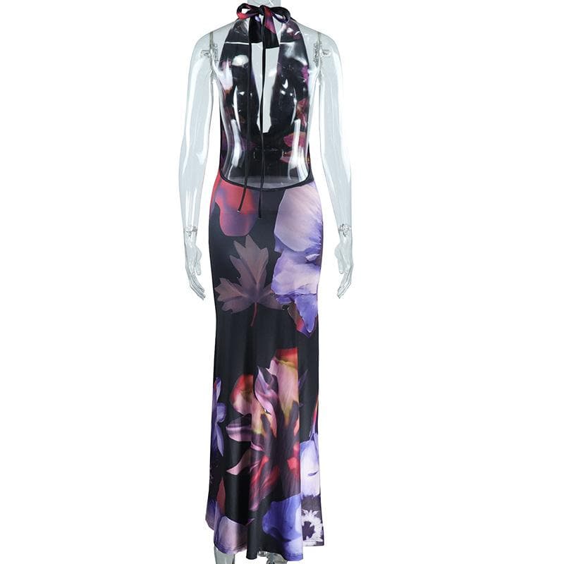 Halter cowl neck backless flower print maxi dress  | Festival Outfits Women