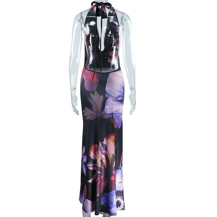 Halter cowl neck backless flower print maxi dress  | Festival Outfits Women