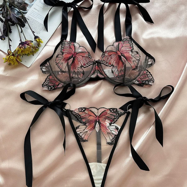 Sweetheart neck butterfly embroidery lingerie set  | Festival Outfits Women