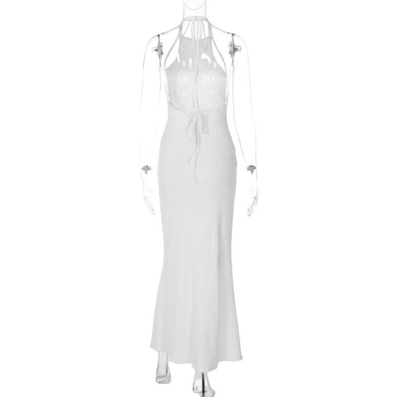 Halter solid sleeveless backless self tie maxi dress-final-sale  | Festival Outfits Women