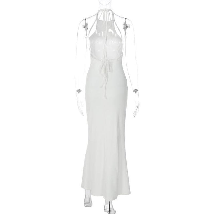 Halter solid sleeveless backless self tie maxi dress-final-sale  | Festival Outfits Women
