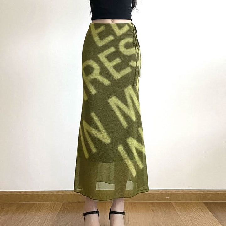 Mesh letter print hollow out self tie cut out maxi skirt  | Festival Outfits Women
